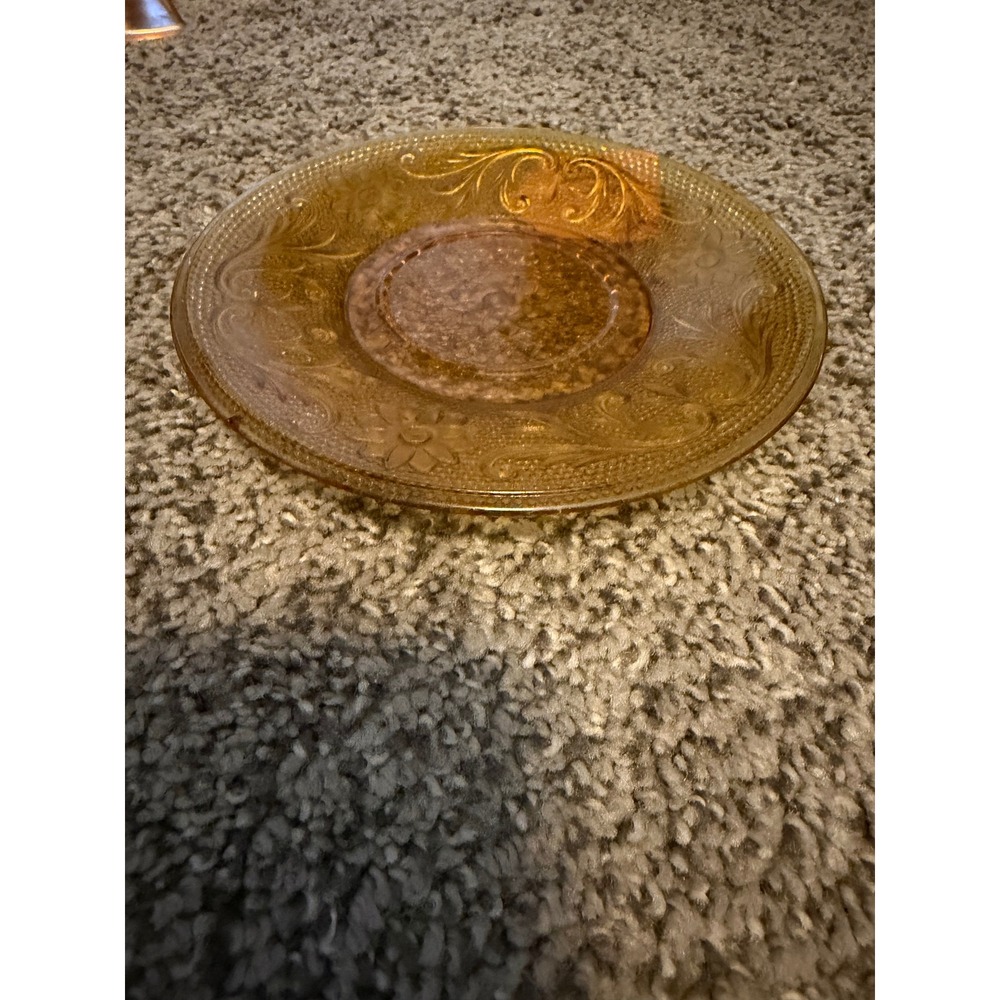 Vintage Tiara Sandwich Amber Depression Glass Saucer 6 Inch Floral Scroll - Picture 5 of 5